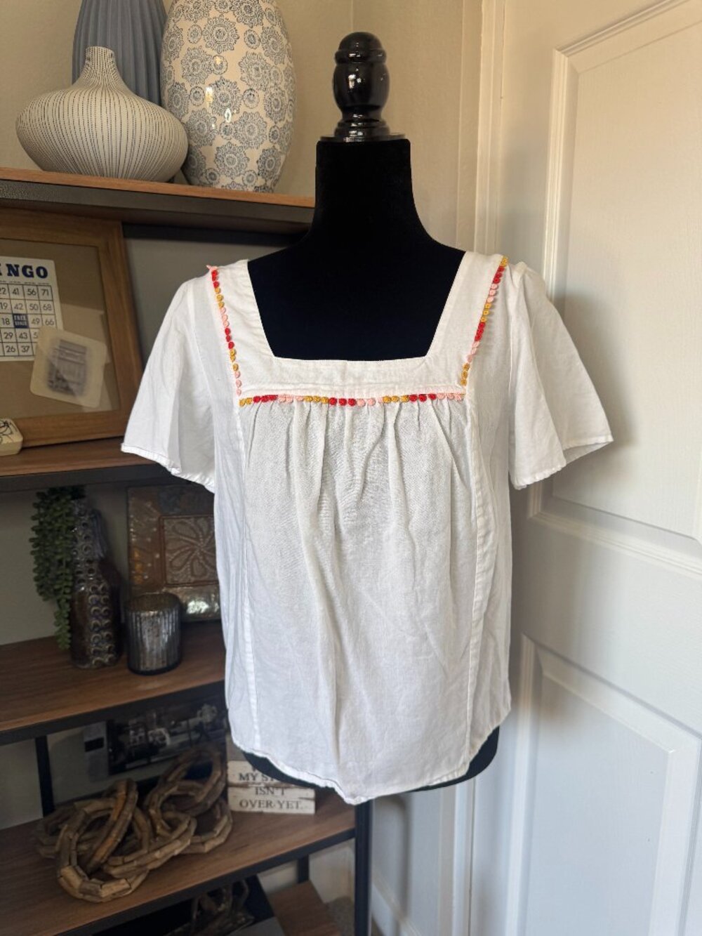 Blue Rain Off-white Square Neck Top w/Multi Colored Dot Detail - Size M